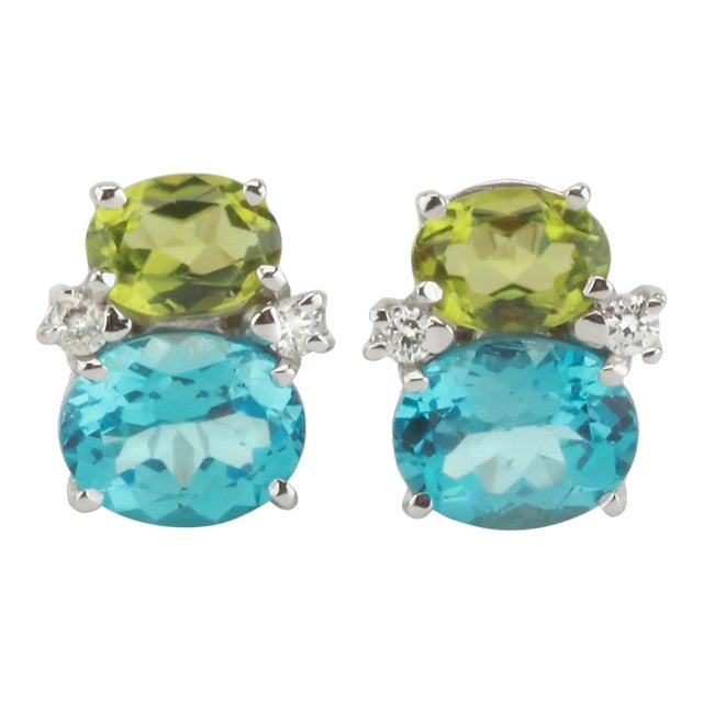 Christina Addison Mini Gum Drop Earrings With Peridot and Blue Topaz and Diamonds - a Pair For Sale