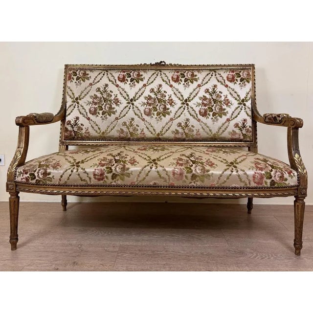 Louis XVI Style Bench In Golden Wood, mid-19th century. rectangular backrest with beaded and guilloché frame and a...