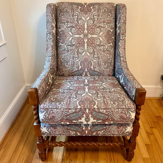 Wesley Hall Barley Twist Davis Wingback Chair in Paisley Tapestry and Nailhead Trim For Sale - Image 10 of 10