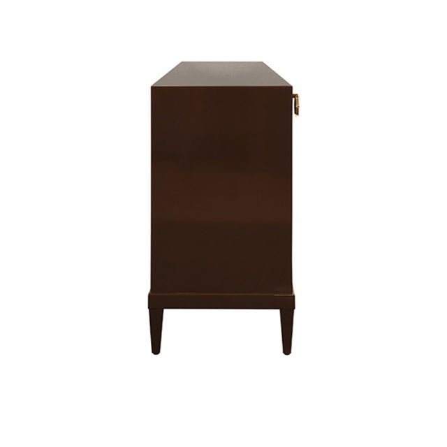 Matthew Izzo Home Marcella Glossy Chocolate Brown Four Door Buffet Cabinet With Brass Mesh Doors and Acrylic Door Pulls For Sale In New York - Image 6 of 9