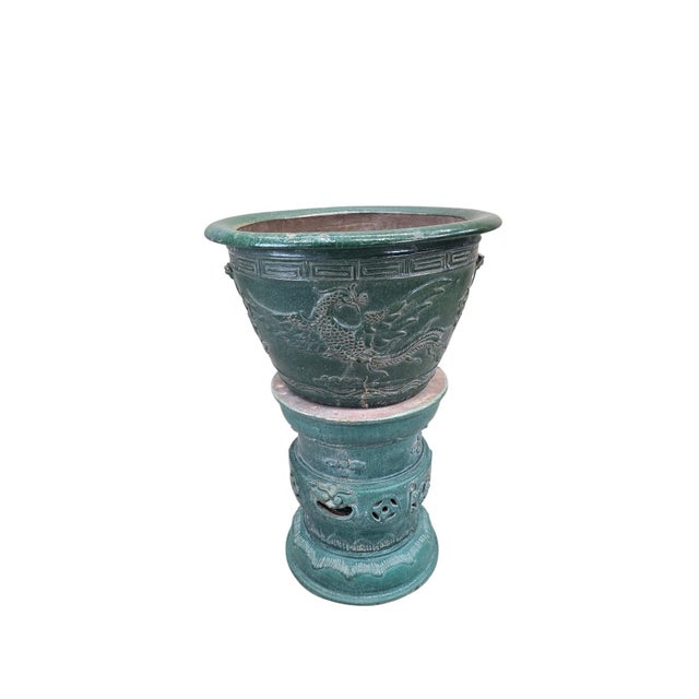 Antique Green Glazed Planter Pot Vase From Guangdong Province With Stand For Sale - Image 4 of 6