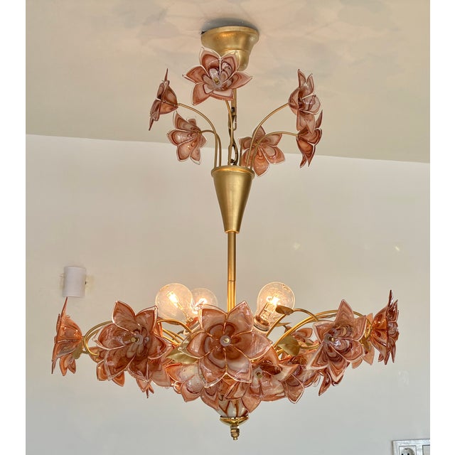 Large Murano Style Brown Flower Bouquet Chandelier With 4 E27 Bulbs. Hand-Blown Glass Flowers, Restored , Rare Italian Vintage For Sale - Image 11 of 17