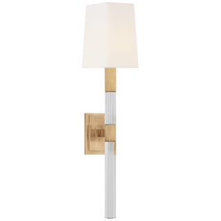 Chapman & Myers for Visual Comfort Signature Reagan Medium Tail Sconce in Antique-Burnished Brass & Crystal with Linen Shade For Sale