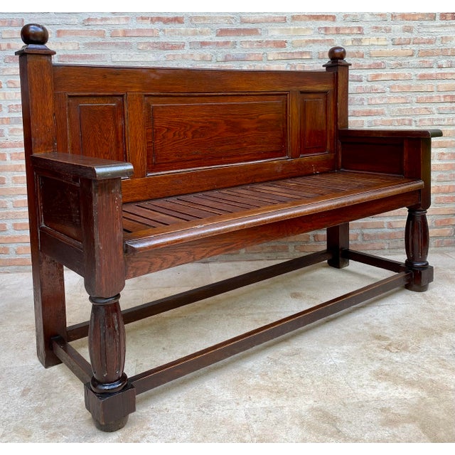 Wood Antique Spanish Oak Bench With Paneled Back and Turned Legs For Sale - Image 7 of 14