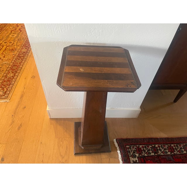 Mission Antique 1920's Folk Art Mission Marquetry Arts and Crafts Pedestal Plant Stand For Sale - Image 3 of 6
