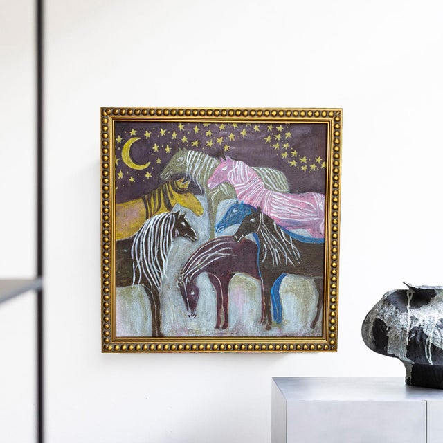 Whimsical Horse Painting Original | Folk Art Style Wall Art | Colorful Horses Under Moon | Framed Acrylic Painting 13x13 | Eclectic Decor For Sale In West Palm - Image 6 of 6