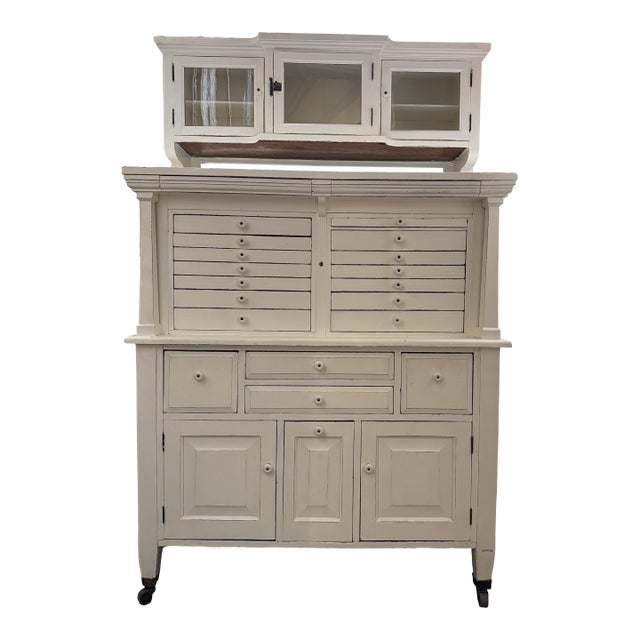 1920s Antique Oak Dental Cabinet With Cream Paint For Sale