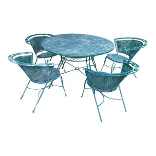 Vintage Woodward Briarwood Style Green Wrought Iron Mesh Table and 4 Barrel Chairs For Sale