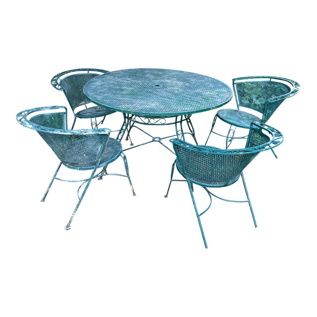Vintage Woodward Briarwood Style Green Wrought Iron Mesh Table and 4 Barrel Chairs For Sale