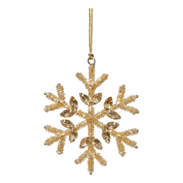 Golden Beaded Snowflake Ornaments, Set of 12, 4" For Sale