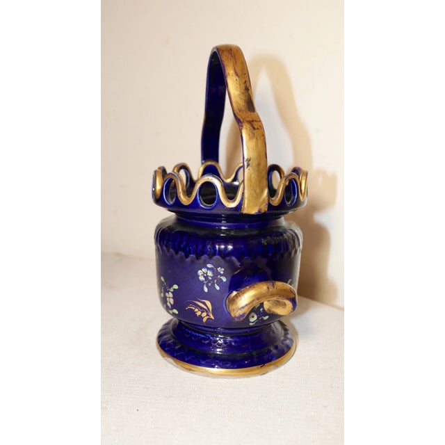Unique Antique Hand Painted Porcelain Cobalt Gold Gilded Basket Style Vase Pot For Sale - Image 4 of 11