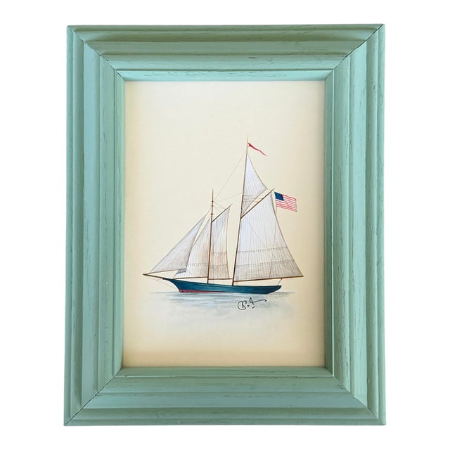 Original Hand-Painted Sailboat Painting in a Hand-Painted Frame For Sale