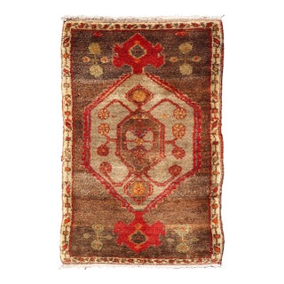 Vintage Turkish Oushak Rug With Taupe Medallion and Rich Brown Field For Sale