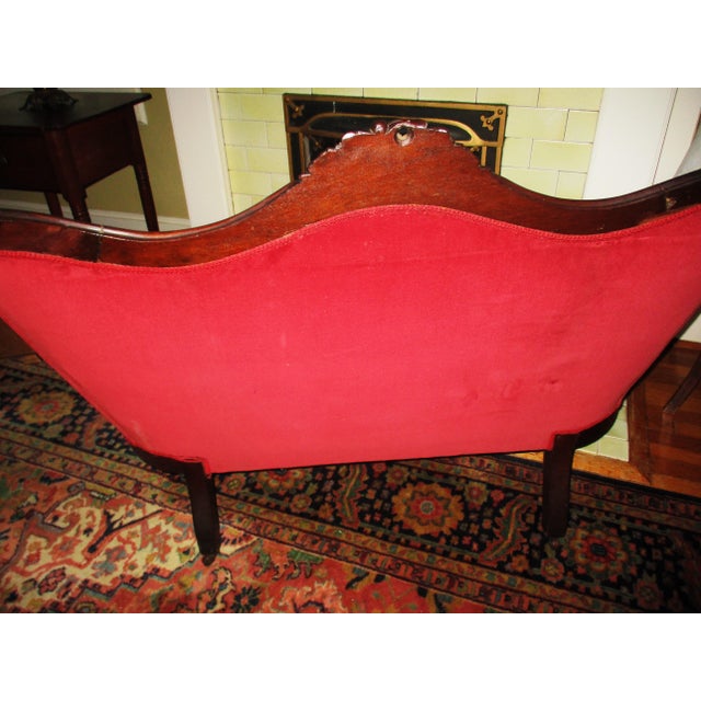 Late 19th Century Antique Victorian Carved Walnut Red Velvet Tufted Love Seat For Sale - Image 5 of 14