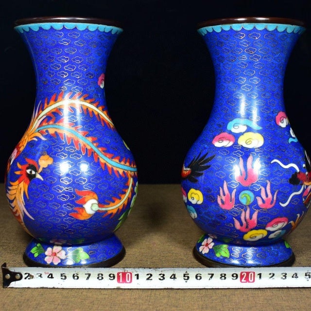 Chinese Pair of Vintage Chinese Blue Cloisonné Dragon & Phoenix Vases For Sale - Image 3 of 9