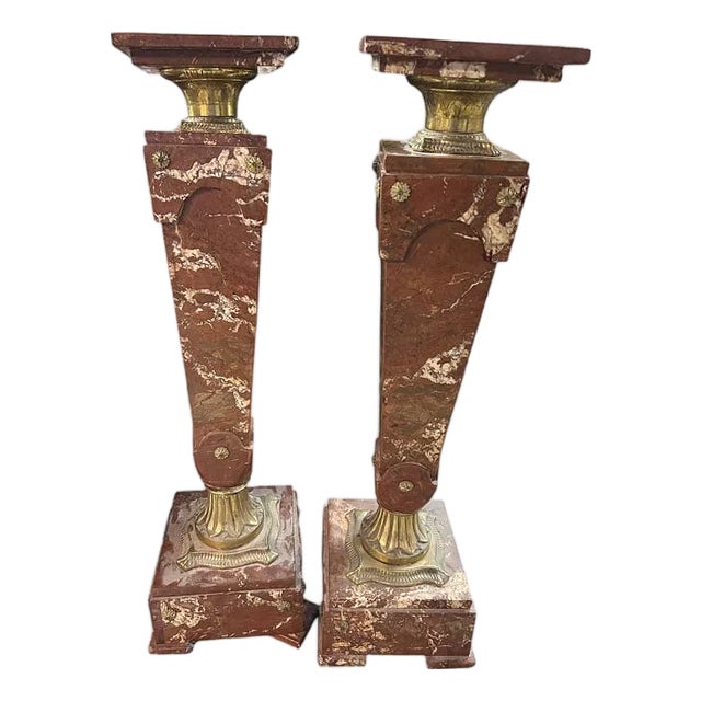 French Red Marble Pedestal – Sculptural Column With Bronze Ascents For Sale