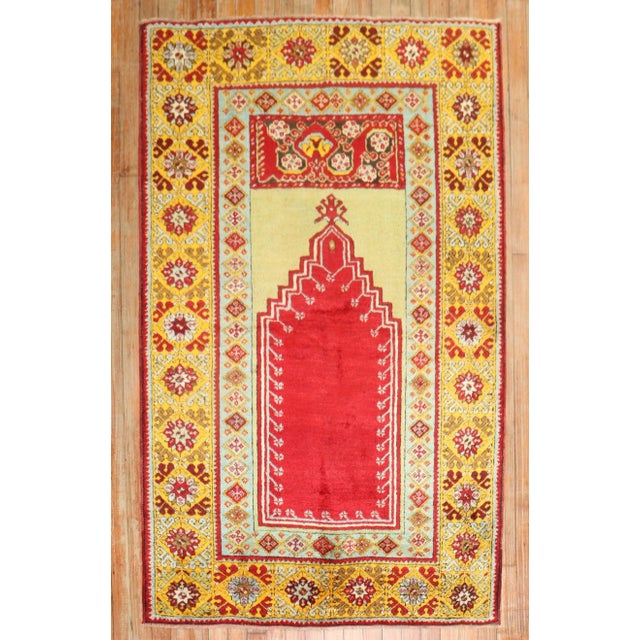 Red Early 20th Century Colorful Antique Prayer Niche Turkish Rug, 3'7'' X 5'6'' For Sale - Image 8 of 8