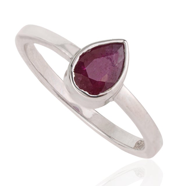 Contemporary Minimalist Bezel Set Pear 0.8 Ct Red Ruby Solitaire Ring in 925 Solid Silver Size 5.5 For Sale - Image 3 of 14