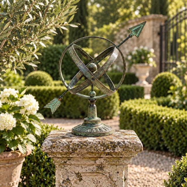 A beautifully crafted iron armillary sphere, evoking the timeless elegance of classical European gardens. Pieces like this...