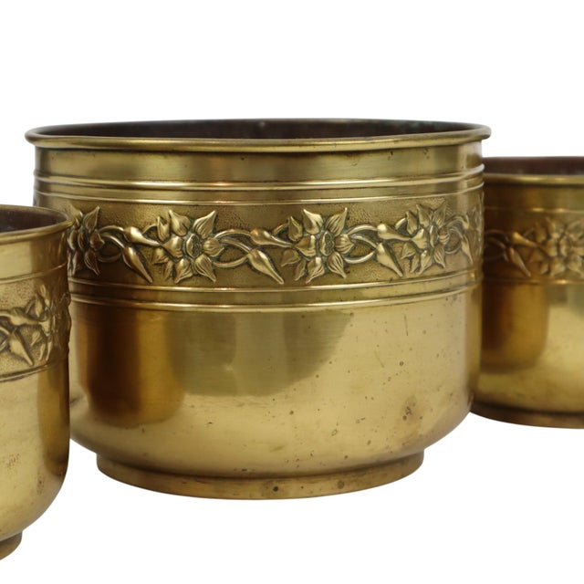 Brass Repoussé Flower Planters, France, Set of 3 For Sale - Image 13 of 18