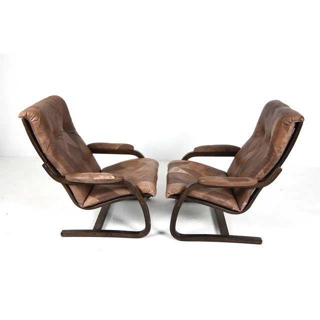 Mid 20th Century Scandinavian Bentwood Lounge Chairs With Patchwork Leather - A Pair For Sale - Image 4 of 14
