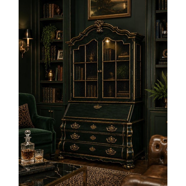 Gothic Henredon Oxidized Emerald Bombe Secretary Cabinet With Antiqued Gold Gilding & Chicken Wire Display Hutch For Sale - Image 3 of 5