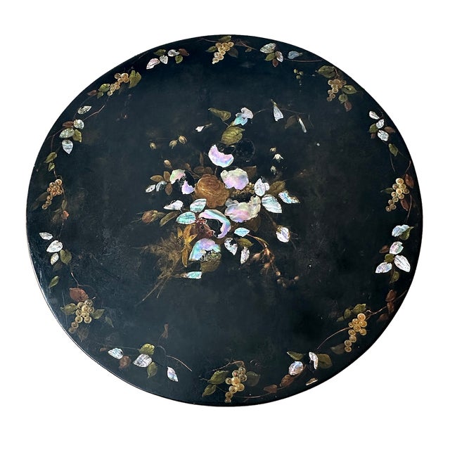 Wood Antique Inlaid Ebonized Round Hand Painted Gilt Chinoiserie Side Table For Sale - Image 7 of 7