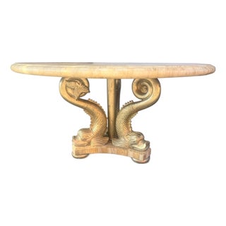 Vintage Hollywood Regency Round Tessellated Stone Dining Table With Sculptural Dolphin Pedestal For Sale