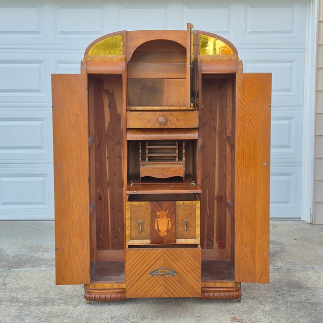 1930s Art Deco Waterfall Double Chifferobe Armoire W/ Secretary Desk For Sale - Image 10 of 16