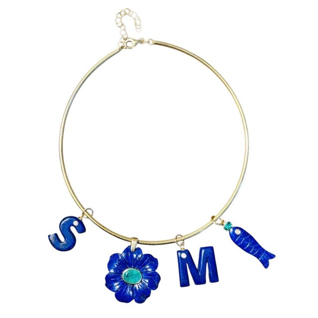 Flora Pendant, Lapis Flower With Emerald & 14k Gold For Sale - Image 9 of 11