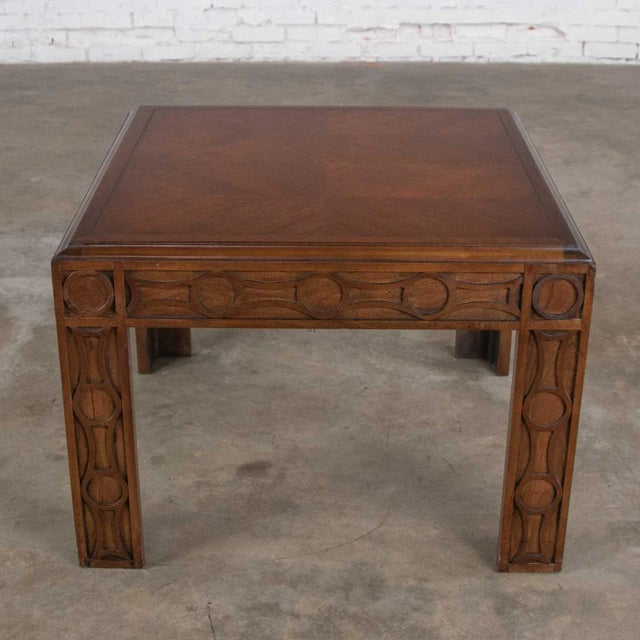 Handsome modern square Parsons style end table or side table by Lane with a carved circular leg design and chevron veneer...