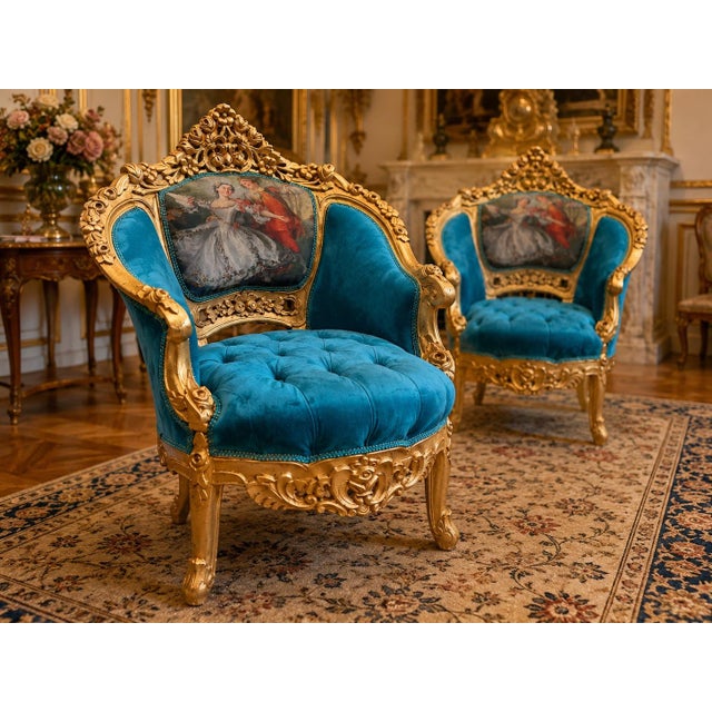 Wood 1900s French Louis XVI Blue/Green/Teal Velvet Sofa Set-5 Pc For Sale - Image 7 of 18