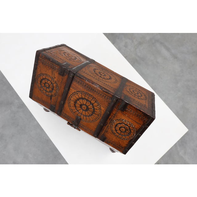 18th Century Carved Wooden Coffer with Slanted Lid and Iron Mounts, France For Sale - Image 6 of 14
