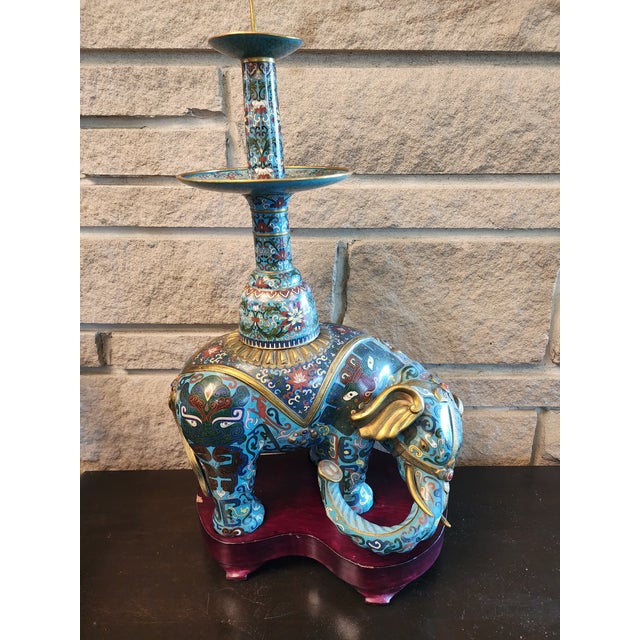 18th Century Important Pair Gilt Bronze and Cloisonne Elephant Altar Candle Holders For Sale - Image 10 of 13