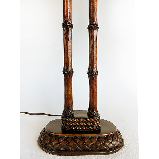 Faux Bamboo Table Lamp With Woven Rattan, Reed Shade For Sale In Miami - Image 6 of 6