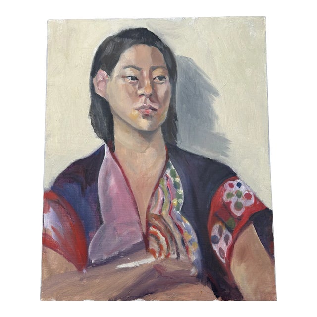 Vintage Impressionist Portrait Oil Painting of Woman Wearing Kimono For Sale