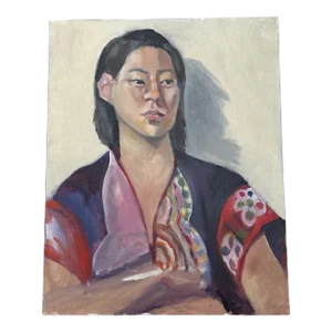 Vintage Impressionist Portrait Oil Painting of Woman Wearing Kimono