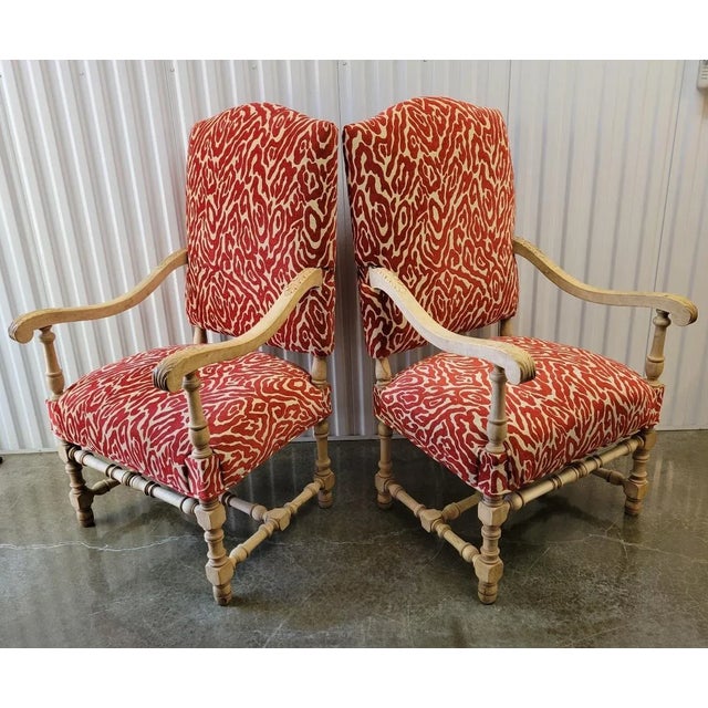 French French Louis XIII Style Bleached Oak Throne Chairs With Red Designer Fabric - a Pair For Sale - Image 3 of 11