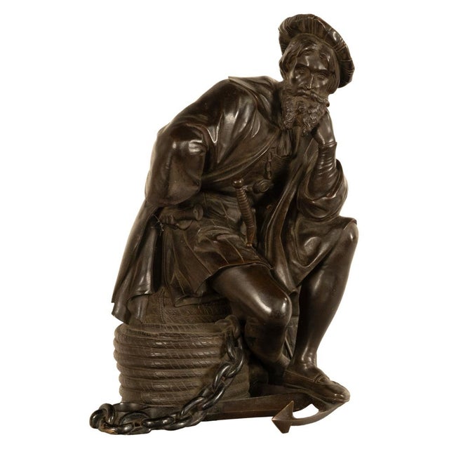 An exceptional late 19th-century French School patinated bronze sculpture depicting a seated Christopher Columbus; the...