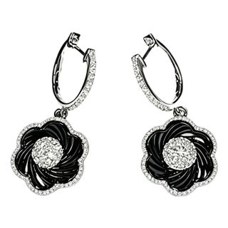 Late 20th Century Pair of 14K Black Gold Pave Diamond Flower Drop Earrings For Sale