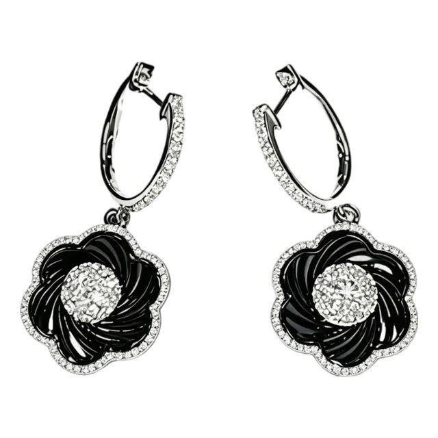 Late 20th Century Pair of 14K Black Gold Pave Diamond Flower Drop Earrings For Sale