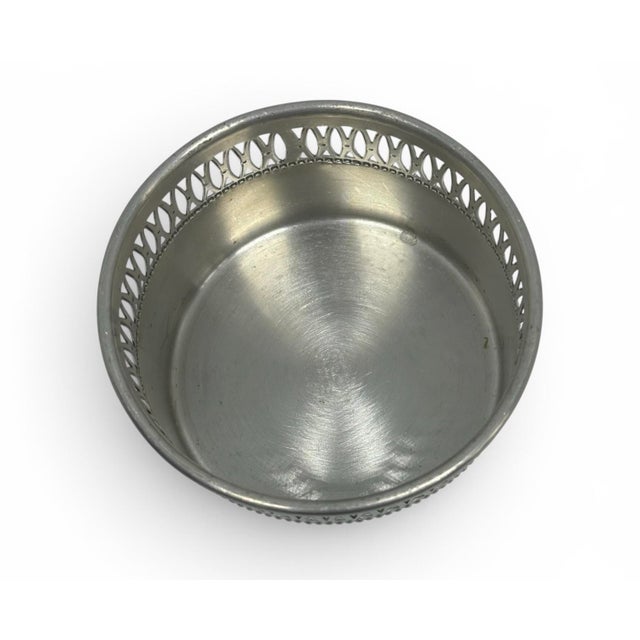 Mid 20th Century Vintage Eastern Pewter 3 3/4” Wine or Champagne Bottle Coaster Reticulated Pierced Lattice Gallery Rim For Sale - Image 5 of 11