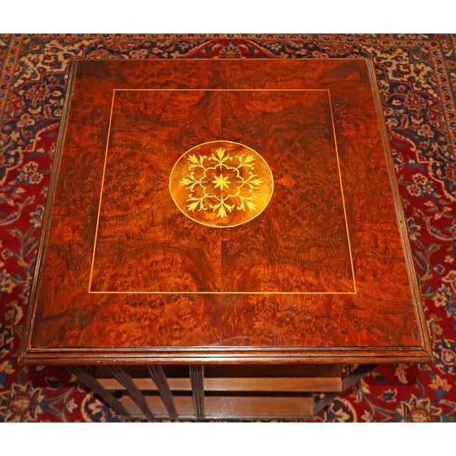 1960s English Edwardian Burl Wood Inlaid Revolving Bookcase For Sale - Image 9 of 11