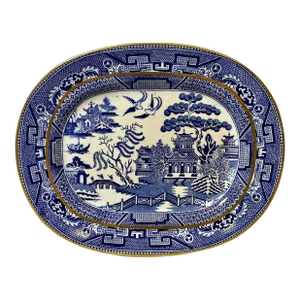 Antique Gold Rimmed Beech Hancock & Company Oval Blue Willow Side Dish /Platter From England - Circa 1851