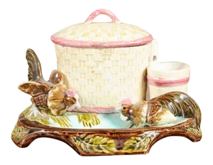 Eichwald Majolica Tobacco Jar With Roosters Pecking the Ground, Circa 1870