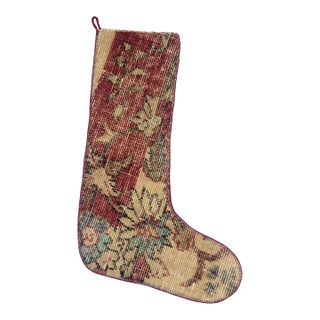 Vintage Kilim Christmas Stocking, Cream & Red Floral Handwoven Wool Boho Xmas Decor, One of a Kind Turkish Rug Stocking, Rustic Holiday Gift For Sale