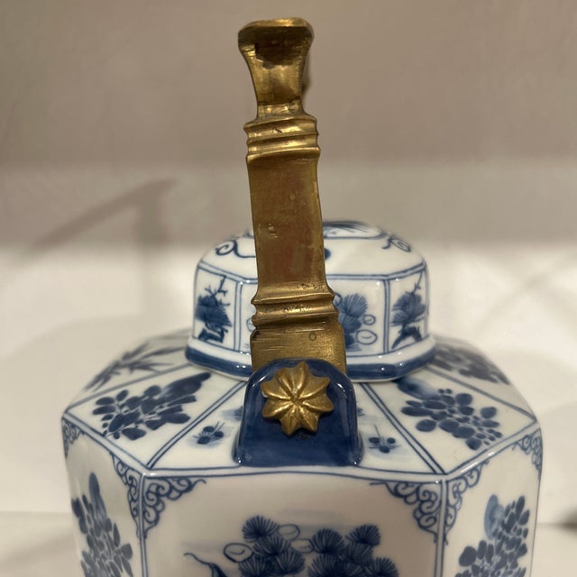 Vintage Blue and White Porcelain Teapot With Solid Brass Handle Hand Painted Thailand For Sale - Image 10 of 12