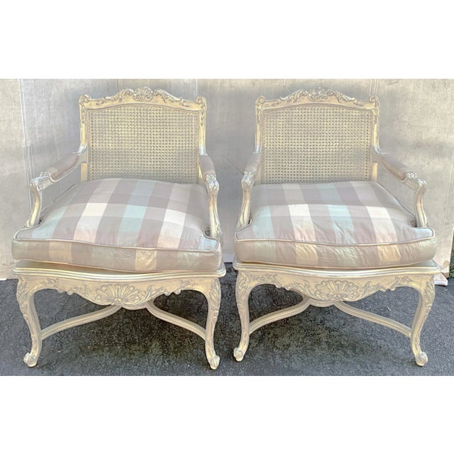 White French Louis XV Style Carved Shell & Painted Caned Bergere Chairs -Pair For Sale - Image 8 of 13