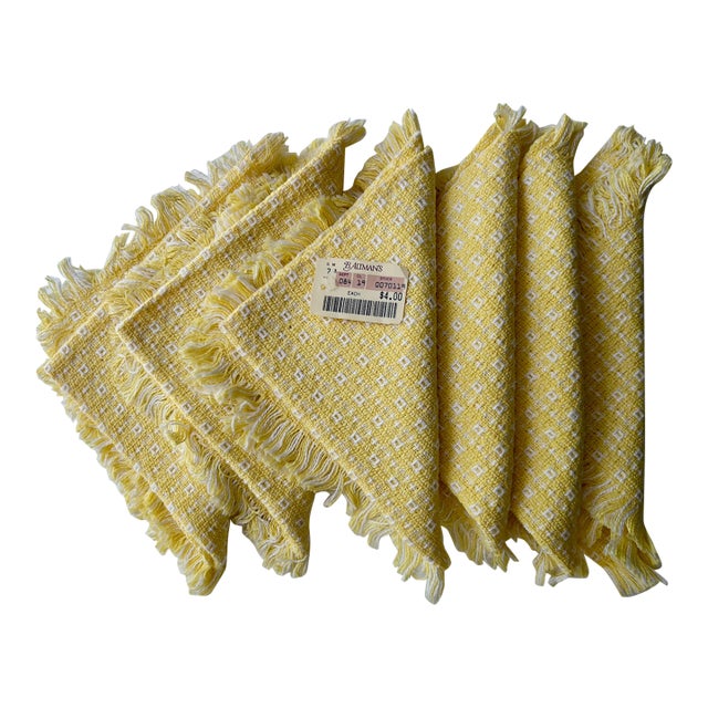 1980s Homespun Buttercup & White Fringed Cotton Napkins- Set of 6 For Sale