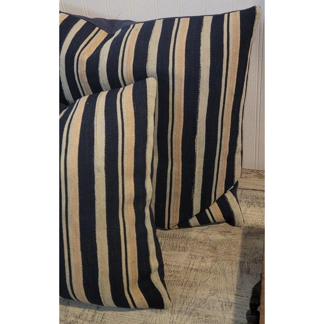 19th Century Collection of Four 19Thc Striped Blue and White Linen Pillows For Sale - Image 5 of 6